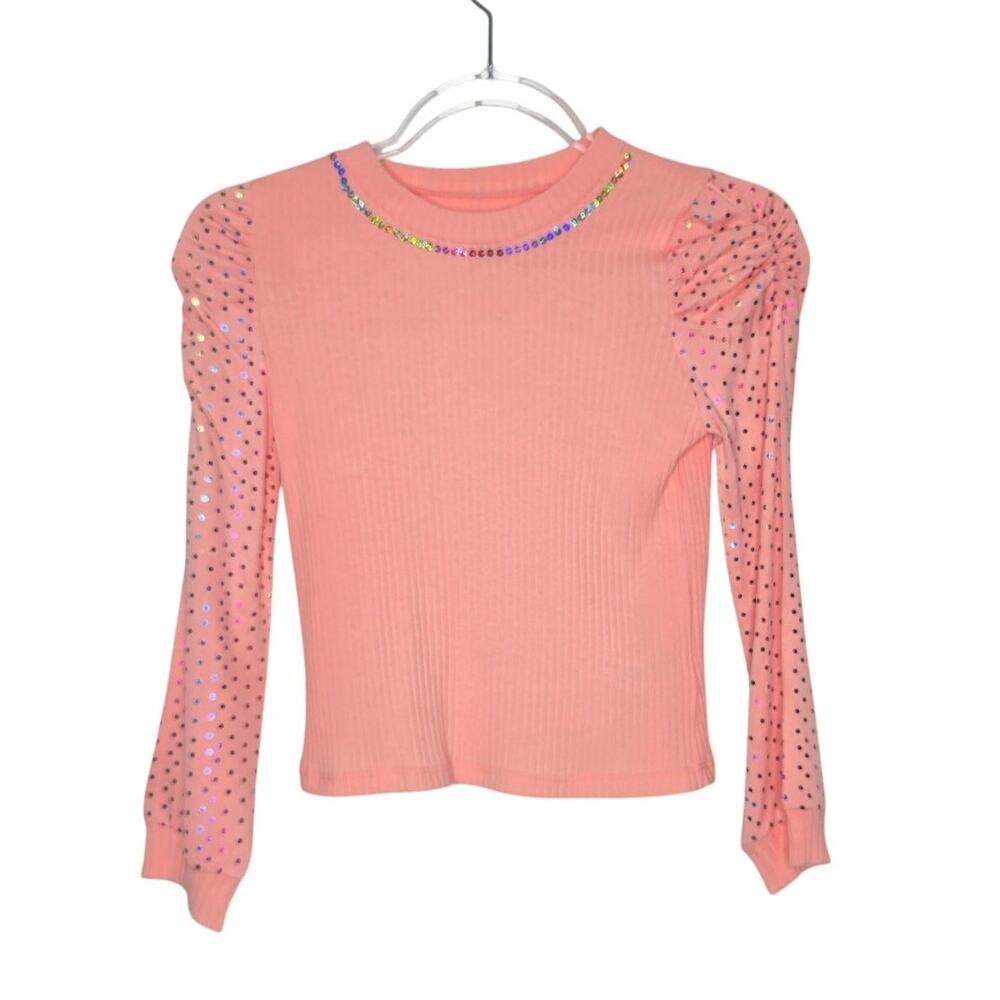 Betsey Johnson Pink Rainbow Metallic Dots Sleeves Top Girls SZ Youth 8 Sequins